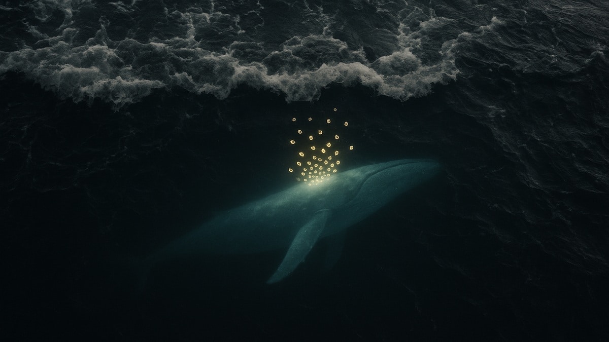 Une photo conceptuelle d'une baleine (whale) accumulant des Bitcoins sous un océan agité, symbolisant l'accumulation institutionnelle (MSTR, Whales) face à la panique des ETF en novembre 2025.