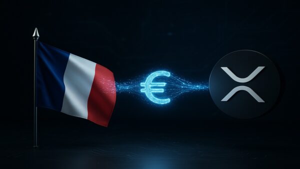 Le logo de la Banque de France et de Ripple (XRPL) connectés, symbolisant les tests pour l'euro numérique (CBDC).