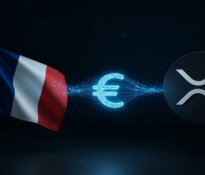 Le logo de la Banque de France et de Ripple (XRPL) connectés, symbolisant les tests pour l'euro numérique (CBDC).