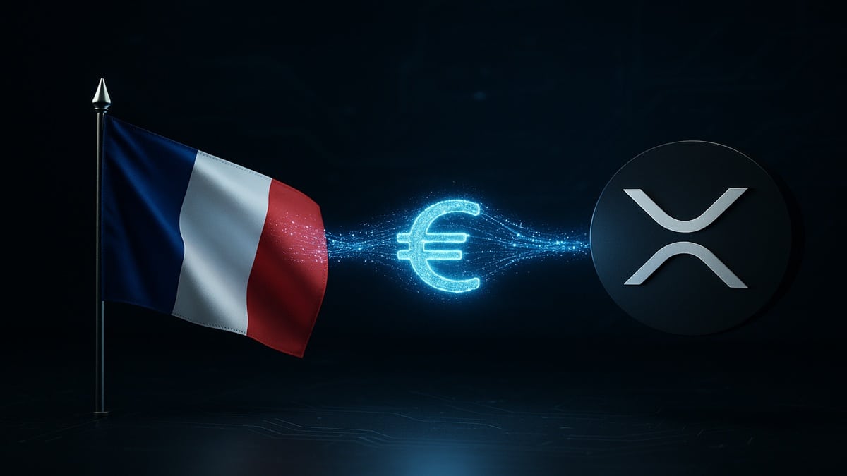 Le logo de la Banque de France et de Ripple (XRPL) connectés, symbolisant les tests pour l'euro numérique (CBDC).
