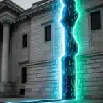 Une photo conceptuelle montrant un bâtiment de banque (BCE) fissuré, d'où s'échappe une lumière numérique (stablecoins), symbolisant le risque de substitution des dépôts bancaires en 2025.