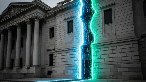 Une photo conceptuelle montrant un bâtiment de banque (BCE) fissuré, d'où s'échappe une lumière numérique (stablecoins), symbolisant le risque de substitution des dépôts bancaires en 2025.