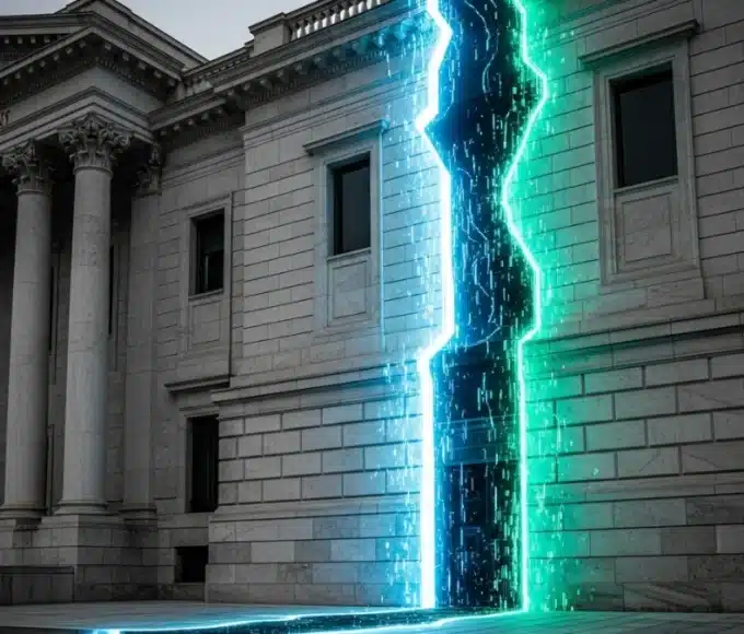 Une photo conceptuelle montrant un bâtiment de banque (BCE) fissuré, d'où s'échappe une lumière numérique (stablecoins), symbolisant le risque de substitution des dépôts bancaires en 2025.