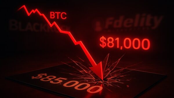 Le prix du Bitcoin chute à 81 000 dollars lors du "Black Friday" crypto de novembre 2025, montrant un graphique en plein crash et des liquidations massives.