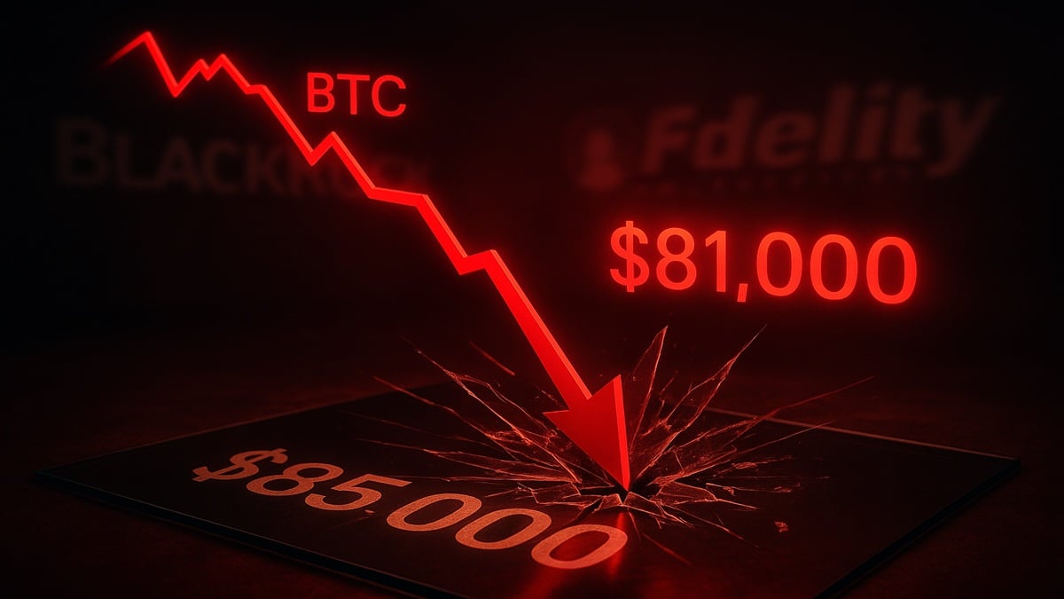 Le prix du Bitcoin chute à 81 000 dollars lors du "Black Friday" crypto de novembre 2025, montrant un graphique en plein crash et des liquidations massives.