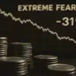 Une photo conceptuelle montrant un graphique de crash boursier (Bitcoin) à côté de pièces en euros, symbolisant la chute du cours du Bitcoin en France à 82 700 € en novembre 2025.