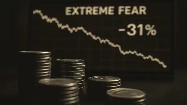 Une photo conceptuelle montrant un graphique de crash boursier (Bitcoin) à côté de pièces en euros, symbolisant la chute du cours du Bitcoin en France à 82 700 € en novembre 2025.