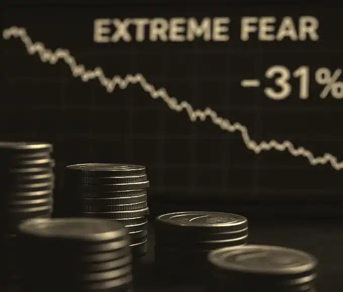 Une photo conceptuelle montrant un graphique de crash boursier (Bitcoin) à côté de pièces en euros, symbolisant la chute du cours du Bitcoin en France à 82 700 € en novembre 2025.