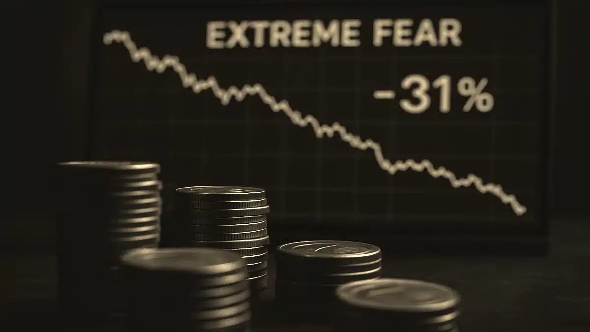 Une photo conceptuelle montrant un graphique de crash boursier (Bitcoin) à côté de pièces en euros, symbolisant la chute du cours du Bitcoin en France à 82 700 € en novembre 2025.