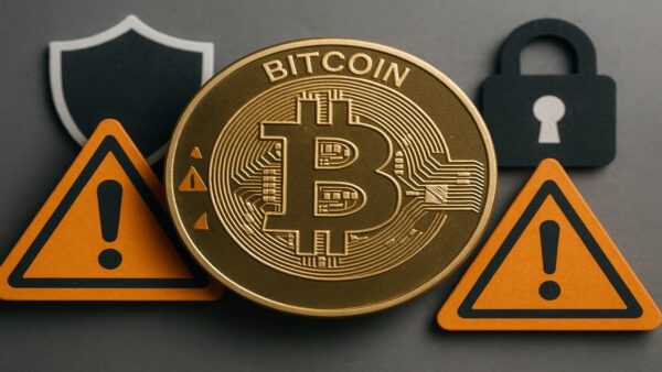 Illustration éditoriale montrant un symbole Bitcoin entouré de panneaux d’avertissement et cadenas, représentant les erreurs à éviter en investissement.