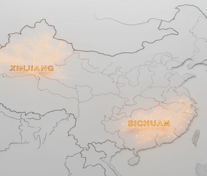 Une photo conceptuelle d'une carte de la Chine montrant les provinces du Xinjiang et du Sichuan illuminées, symbolisant la résurgence du minage de Bitcoin (hashrate) en 2025.