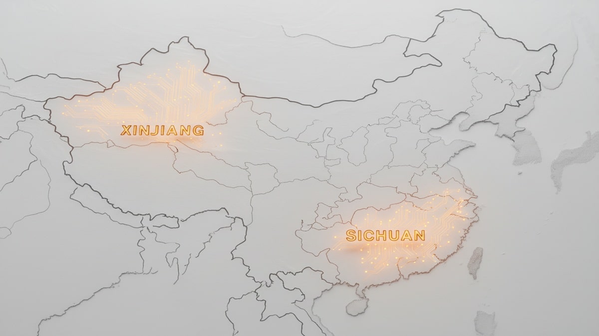 Une photo conceptuelle d'une carte de la Chine montrant les provinces du Xinjiang et du Sichuan illuminées, symbolisant la résurgence du minage de Bitcoin (hashrate) en 2025.