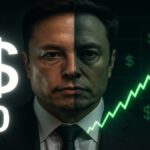 Le visage d'Elon Musk partagé entre son salaire officiel de 0$ et l'explosion de sa fortune grâce à Tesla.
