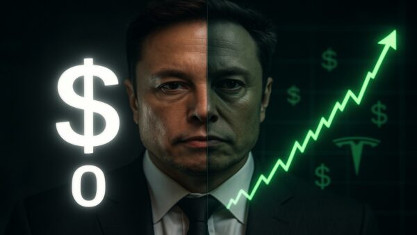 Le visage d'Elon Musk partagé entre son salaire officiel de 0$ et l'explosion de sa fortune grâce à Tesla.