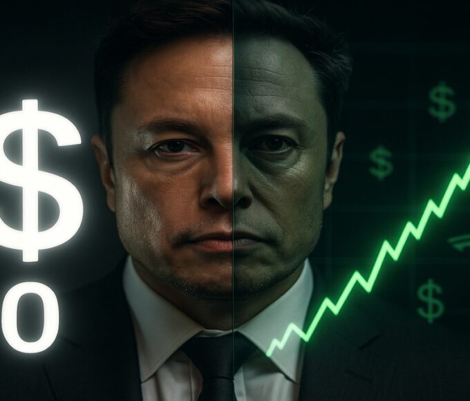 Le visage d'Elon Musk partagé entre son salaire officiel de 0$ et l'explosion de sa fortune grâce à Tesla.