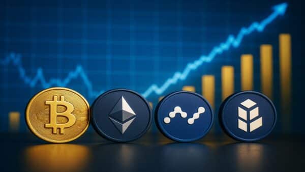 Illustration éditoriale montrant les logos Bitcoin, Ethereum, Nano et Bancor sur un fond graphique haussier.