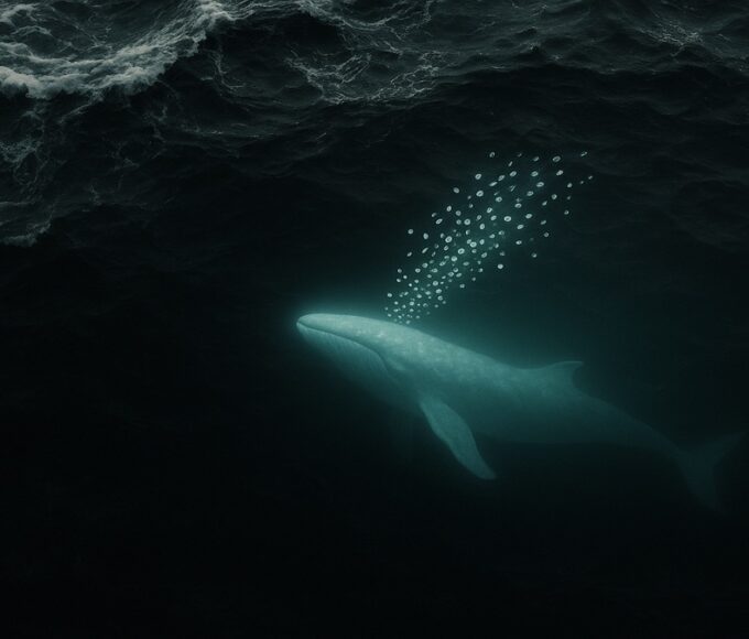 Une photo conceptuelle d'une baleine (whale) accumulant des cryptomonnaies sous un océan agité, symbolisant l'accumulation institutionnelle pendant le crash ("Peur Extrême") de novembre 2025.