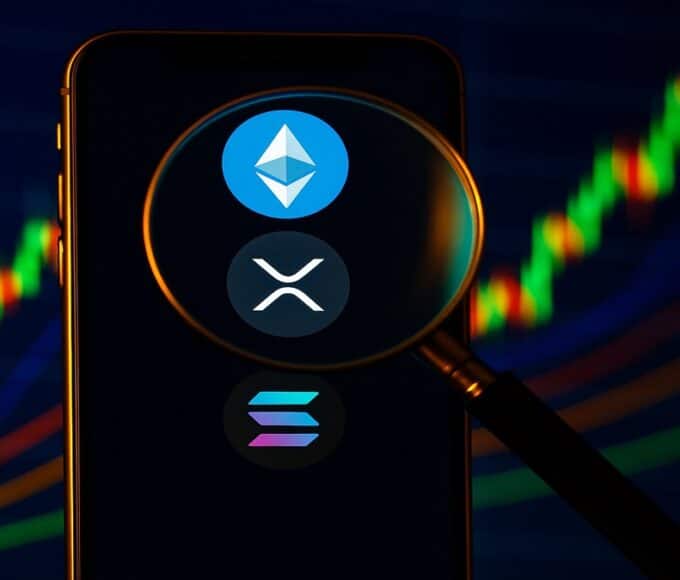 Illustration des cryptos les plus recherchées en 2025, montrant les logos d'Ethereum, XRP et Solana sous une loupe.