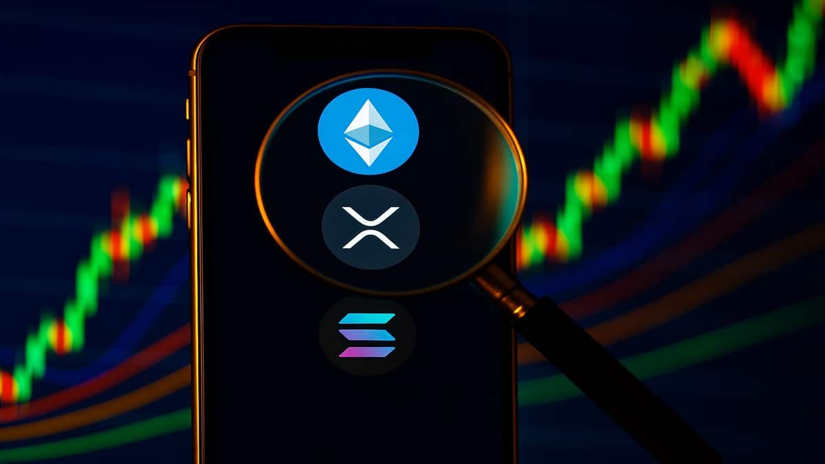 Illustration des cryptos les plus recherchées en 2025, montrant les logos d'Ethereum, XRP et Solana sous une loupe.
