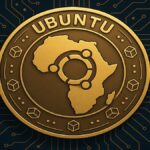 Illustration d’une pièce numérique Ubuntu avec carte de l’Afrique et symboles blockchain, représentant une crypto-monnaie éthique et solidaire.