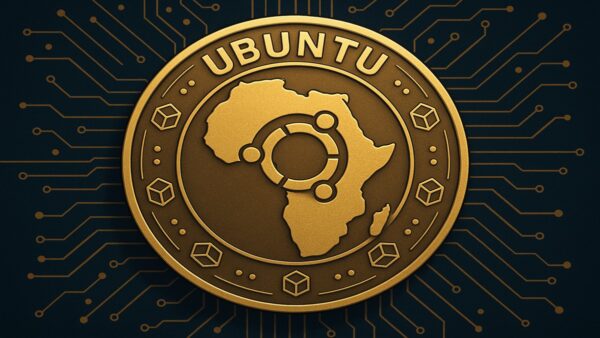 Illustration d’une pièce numérique Ubuntu avec carte de l’Afrique et symboles blockchain, représentant une crypto-monnaie éthique et solidaire.