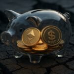 Une photo conceptuelle d'une tirelire en verre protégeant des pièces de crypto (ETH, USDC) sur un sol craquelé, symbolisant la résilience et les rendements stables de la DeFi pendant le crash de novembre 2025.