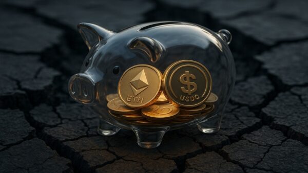 Une photo conceptuelle d'une tirelire en verre protégeant des pièces de crypto (ETH, USDC) sur un sol craquelé, symbolisant la résilience et les rendements stables de la DeFi pendant le crash de novembre 2025.