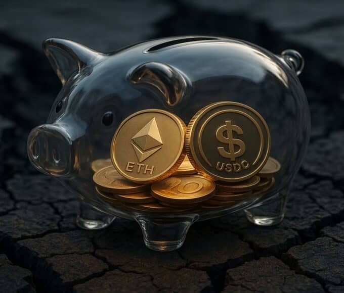 Une photo conceptuelle d'une tirelire en verre protégeant des pièces de crypto (ETH, USDC) sur un sol craquelé, symbolisant la résilience et les rendements stables de la DeFi pendant le crash de novembre 2025.