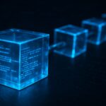 Une photo conceptuelle d'un bloc de données numérique (un cube lumineux) contenant des transactions, s'ajoutant à une blockchain, pour expliquer ce qu'est un bloc et son rôle dans le minage.