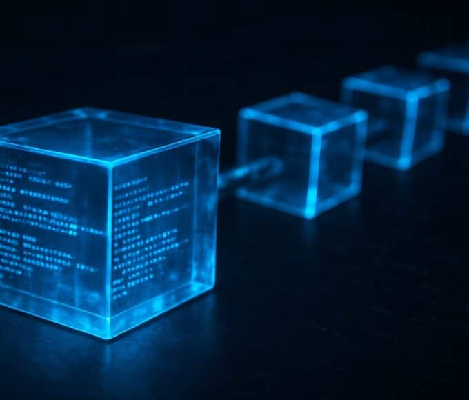 Une photo conceptuelle d'un bloc de données numérique (un cube lumineux) contenant des transactions, s'ajoutant à une blockchain, pour expliquer ce qu'est un bloc et son rôle dans le minage.