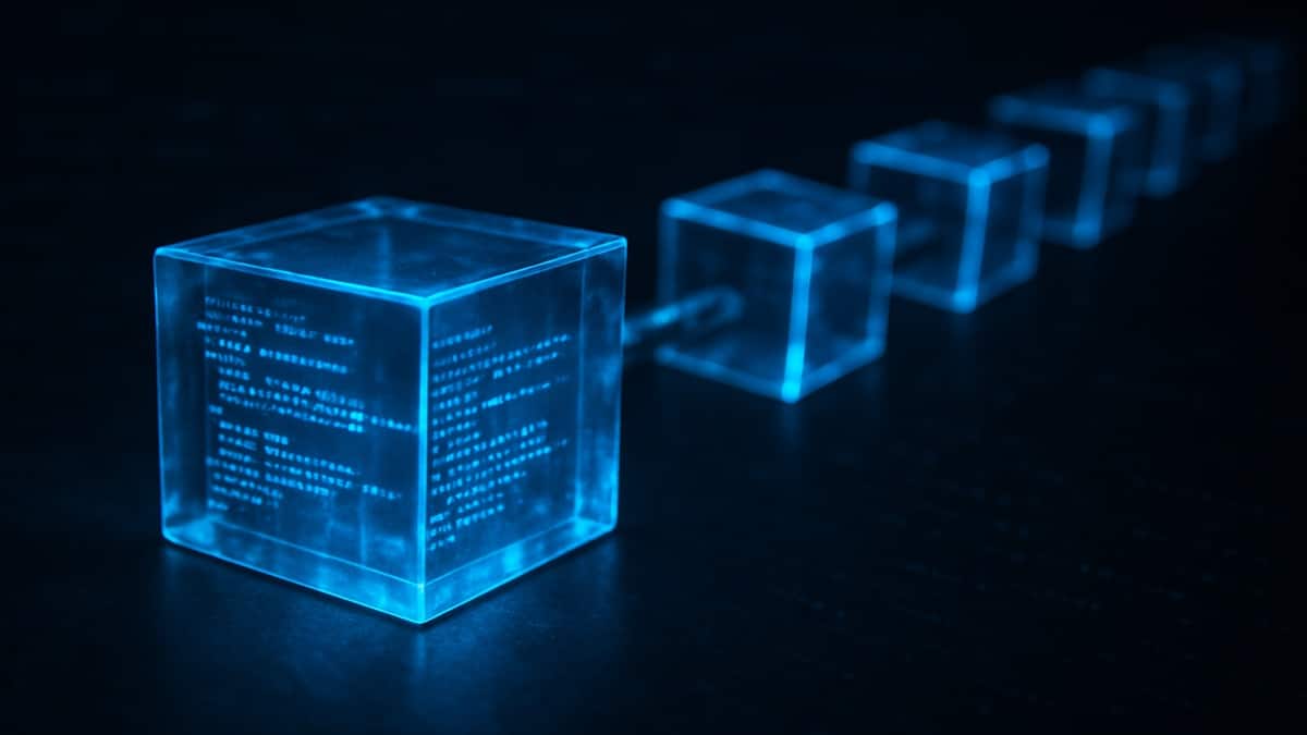 Une photo conceptuelle d'un bloc de données numérique (un cube lumineux) contenant des transactions, s'ajoutant à une blockchain, pour expliquer ce qu'est un bloc et son rôle dans le minage.