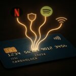 Une photo conceptuelle d'une carte de crédit d'où sortent de multiples fils lumineux (logos Netflix, Assurance, Internet), symbolisant les dépenses pré-engagées et les abonnements numériques pesant sur le budget des Français (données INSEE 2025).