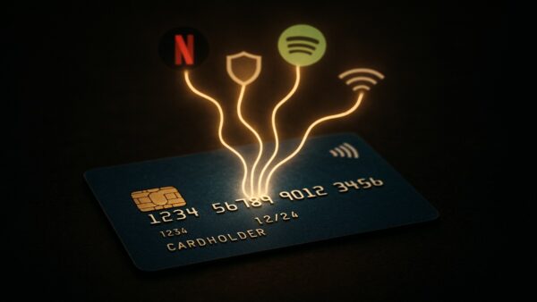 Une photo conceptuelle d'une carte de crédit d'où sortent de multiples fils lumineux (logos Netflix, Assurance, Internet), symbolisant les dépenses pré-engagées et les abonnements numériques pesant sur le budget des Français (données INSEE 2025).