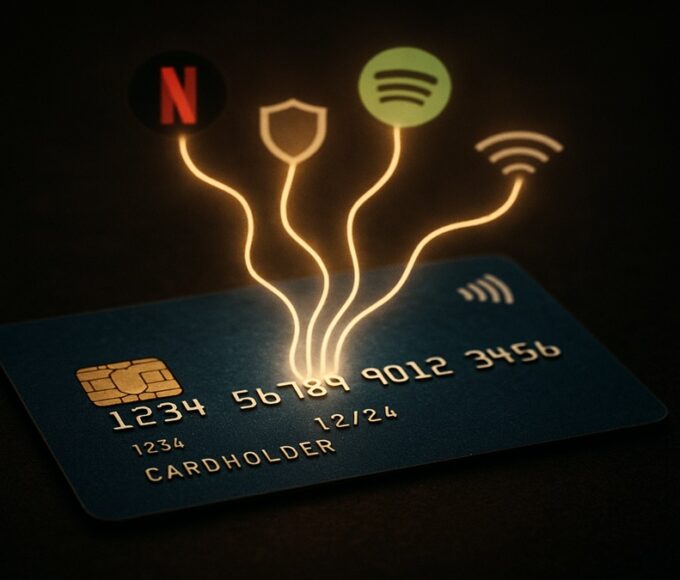 Une photo conceptuelle d'une carte de crédit d'où sortent de multiples fils lumineux (logos Netflix, Assurance, Internet), symbolisant les dépenses pré-engagées et les abonnements numériques pesant sur le budget des Français (données INSEE 2025).