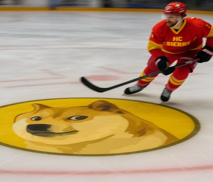 Le logo Dogecoin sur la patinoire du club de hockey HC Sierre, symbolisant le partenariat.