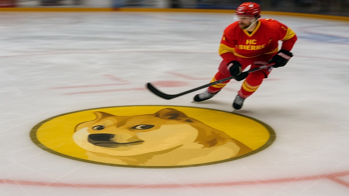 Le logo Dogecoin sur la patinoire du club de hockey HC Sierre, symbolisant le partenariat.