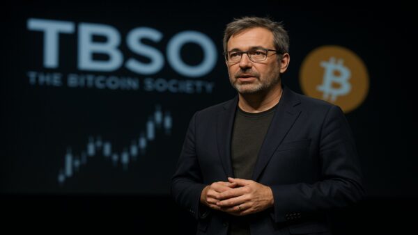 Une photo d'Éric Larchevêque (cofondateur de Ledger) sur scène lors de sa keynote de lancement de "The Bitcoin Society" (TBSO) en novembre 2025.