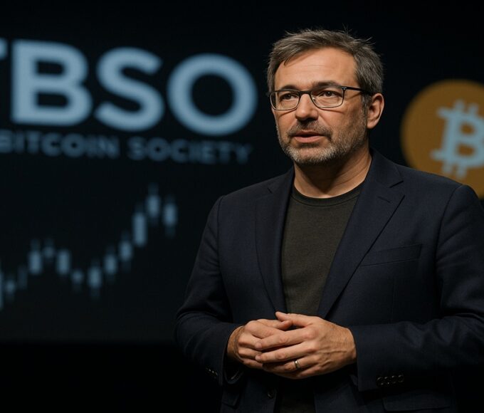 Une photo d'Éric Larchevêque (cofondateur de Ledger) sur scène lors de sa keynote de lancement de "The Bitcoin Society" (TBSO) en novembre 2025.