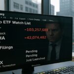 Photo d'un terminal Bloomberg en novembre 2025 montrant les nouveaux dépôts d'ETF altcoins (Sui, AVAX, XRP) contrastant avec les sorties sur les ETF Bitcoin et Ethereum.