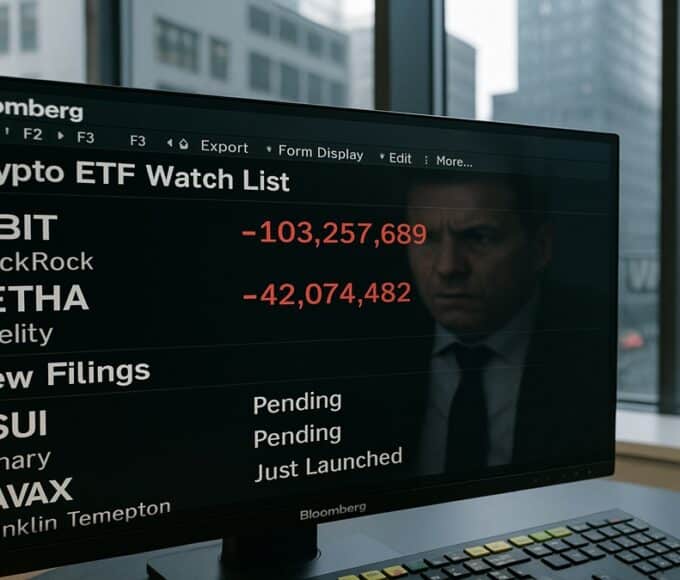 Photo d'un terminal Bloomberg en novembre 2025 montrant les nouveaux dépôts d'ETF altcoins (Sui, AVAX, XRP) contrastant avec les sorties sur les ETF Bitcoin et Ethereum.
