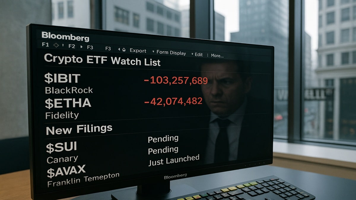 Photo d'un terminal Bloomberg en novembre 2025 montrant les nouveaux dépôts d'ETF altcoins (Sui, AVAX, XRP) contrastant avec les sorties sur les ETF Bitcoin et Ethereum.