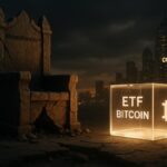 Une photo conceptuelle montrant un trône de pierre fissuré (MicroStrategy MSTR) éclipsé par un cube de verre lumineux (ETF Bitcoin) et une ville futuriste (Coinbase COIN).