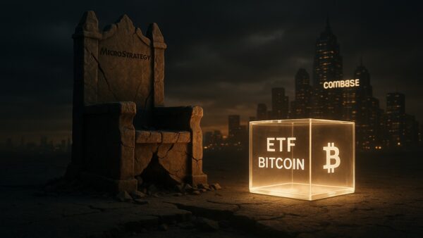 Une photo conceptuelle montrant un trône de pierre fissuré (MicroStrategy MSTR) éclipsé par un cube de verre lumineux (ETF Bitcoin) et une ville futuriste (Coinbase COIN).