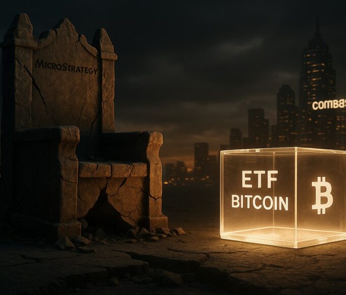 Une photo conceptuelle montrant un trône de pierre fissuré (MicroStrategy MSTR) éclipsé par un cube de verre lumineux (ETF Bitcoin) et une ville futuriste (Coinbase COIN).