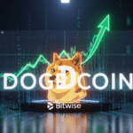 Illustration du logo Dogecoin (DOGE) et Bitwise devant la SEC pour un ETF, avec un graphique de 'supply shock'.