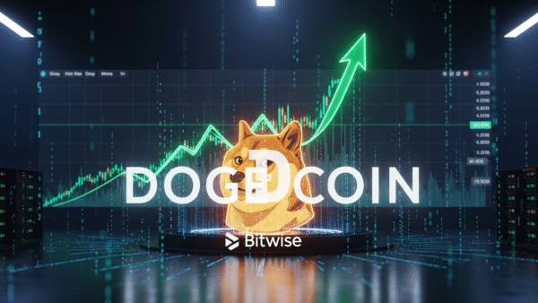 Illustration du logo Dogecoin (DOGE) et Bitwise devant la SEC pour un ETF, avec un graphique de 'supply shock'.
