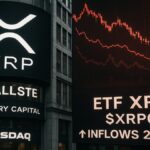Photo réaliste du panneau Nasdaq à Times Square affichant le lancement record de l'ETF XRP ($XRPC) de Canary Capital en novembre 2025.