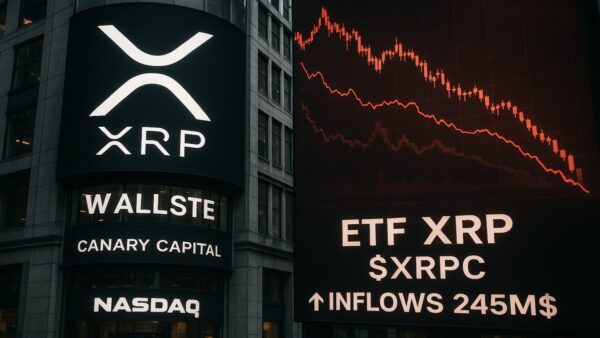 Photo réaliste du panneau Nasdaq à Times Square affichant le lancement record de l'ETF XRP ($XRPC) de Canary Capital en novembre 2025.