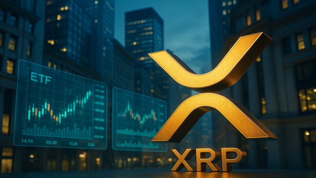 Le logo XRP devant le taureau de Wall Street, symbolisant le lancement du premier ETF XRP spot aux États-Unis en novembre 2025.