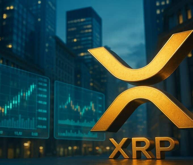 Le logo XRP devant le taureau de Wall Street, symbolisant le lancement du premier ETF XRP spot aux États-Unis en novembre 2025.